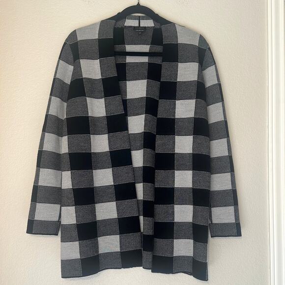 Talbots 100% merino wool black/white buffalo plaid longline cardigan, Small - Picture 1 of 6